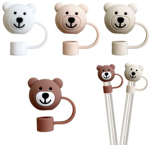 4Pcs Bear Straw Covers, Cartoon Soft Silicone Bear Straw Toppers, Reusable Portable Topper, 10mm Dust-Proof Silicone Straw Toppers, Cups Straw Cover Accessories