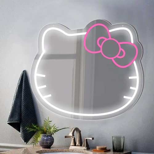 NlsqUK Anime Kitty Vanity Mirror, 16x14 LED Neon Mirror with USB Dimmable Light, Kawaii Makeup Mirrors Room Decoration for Kitty Fans