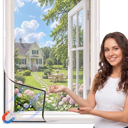 Qmioti Zanzariera Finestra Magnetica 100x150cm, Zanzariera Regolabile DIY, Rete in Fibra di Vetro Anti Zanzare, Telaio Bianco con Rete Bianca