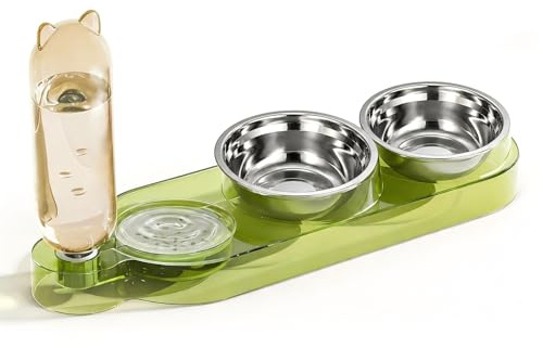 Marchul 3-in-1 Katzennapf, Katzenfutter und Wassernapf Set mit Erhöhte Edelstahlnäpfe und automatischem Wasserspender, Geneigte 3 Napf-Fressstation für Wohnungskatzen, kleinere Hunde, Grün