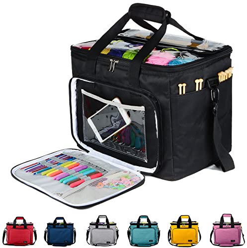 Hoshin Knitting Bag for Yarn Storage, Portable Crochet Tote Bag Yarn Organizer for Crochet Patterns and Hooks, Needles, Skeins of Yarn-Enjoy Knitting/Crocheting Anywhere(Black)
