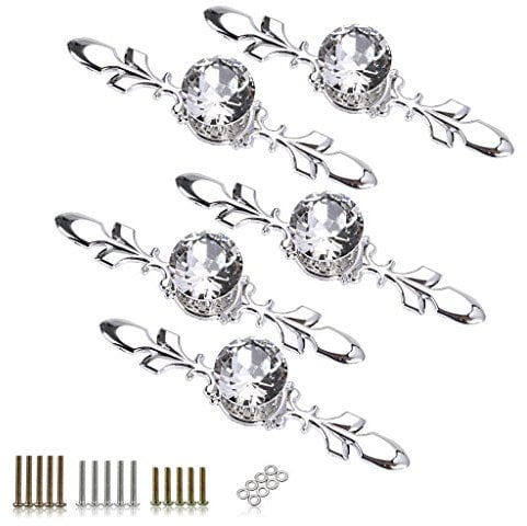 BTSKY 5 Pack Crystal Drawer Knobs with Silver Plate - Diamond Shape Cabinet Knob Pull Handle Cupboard Wardrobe Drawer Pull Handle Furniture Knobs with Screws (170MM)