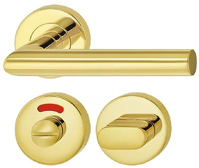 JUVA Drückergarnitur Messing PVD-beschichtet [WC-Badezimmer] 1x Tür Beschläge Rund-Rosette I Türgriffe Innentüren L-FORM I Türklinke für Türstärke 35 – 47 mm | Türbeschlag mit Befestigungsmaterial