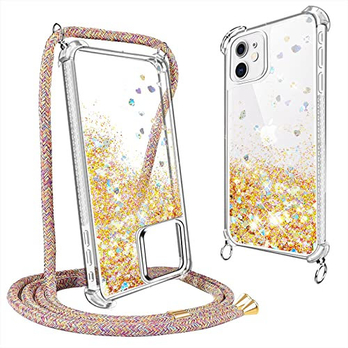 ToDo eu Schutzhülle für iPhone 11, Flüssigkeit, personalisierbar, Flüssigkeit, Pailletten, Schutzhülle, transparent, Silikon, beweglicher Sand, Bling mit Halskette, verstellbar, Handy