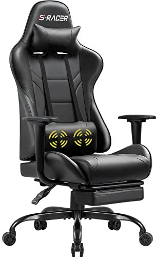 Homall Gaming Chairs, Computer Chair with Footrest and Massage Lumbar Support, Height Adjustable Game Chair with Headrest and Swivel Seat (Black)