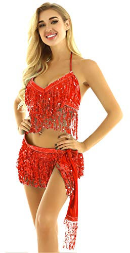 FEESHOW Frauen Bauchtanz Kostüm Pailletten Neckholder BH Fransen Tuch Wickelrock/Shorts Set Tanzanzug Stangentanz Nachtclub Outfits Rot One Size