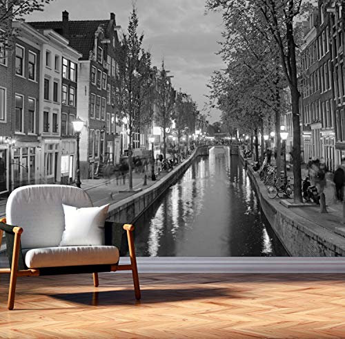 Vlies Tapete XXL Poster Fototapete Holland Amsterdam Kanal Farbe schwarz weiß, Größe 300 x 220 cm