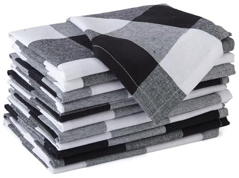 Encasa XO Baumwoll-Servietten Set mit 12 Stück | Buffalo Black Checks | Größe 43x43 cm | Tischservietten | Maschinenwaschbar & Wiederverwendbar