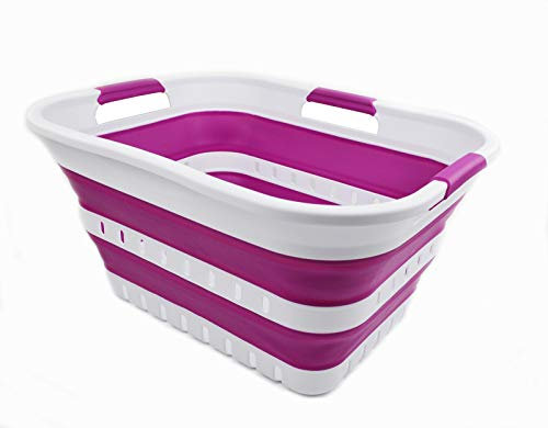 SAMMART 30L Collapsible 3 Handled Plastic Wäschekorb - Faltbarer Pop-Up-Vorratsbehälter/Organizer - Tragbare Waschwanne - Platzsparender Korb/Korb (Weiß/Lila)
