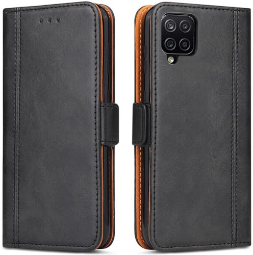 Hülle Klappbar für Samsung A12/ M12, Premium Leder Klapphülle Handytasche, Lederhülle Tasche mit [Kartenfächern] für Samsung Galaxy A12/ M12 Handyhülle, Schwarz