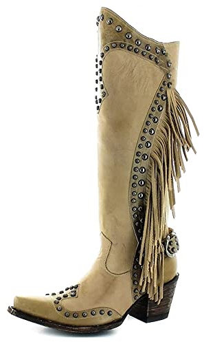 HOTRA Stivali Texani Donna con Frange Scarpe con Tacchi Quadrati All'aperto Tacco Grosso Scarpe da Cavaliere (Color : Khaki, Size : 36 EU)
