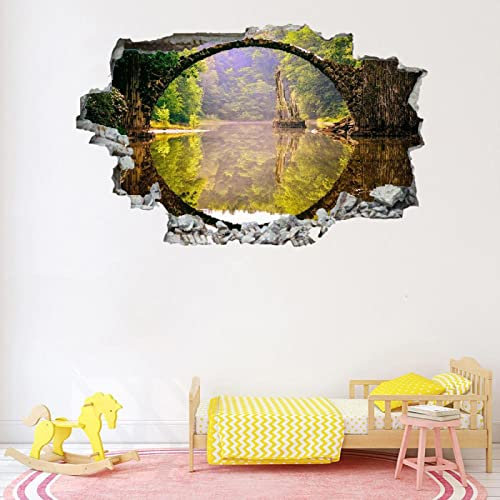 Brücke 3D Wandtattoo Wanddurchbruch, Landschaft Durchbruch Wandaufkleber für Kinderzimmer, sticker für Wohnzimmer, Berge Abnehmbare Selbstklebend Vinyl Wandsticker, Wandbild Junge Mädchen Schlafzimmer