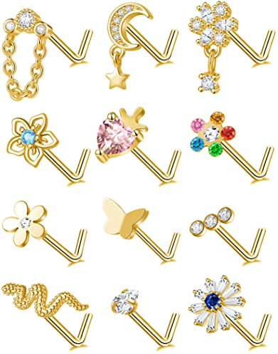 Tornito Lot de 12 piercings de nez en forme de L en forme de serpent, papillon, fleur, lune - Pour femme et homme - Ton argenté et doré - 20 g, Acier inoxydable, Zircone cubique