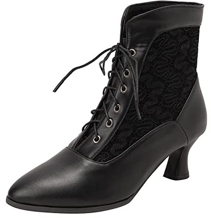 COOLCEPT Damen Vintage Viktorianische Stiefel Schnüren Knöchel Stiefel Almond Toe Black Große 40