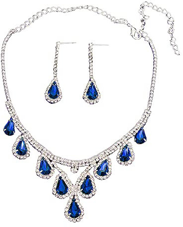 QKEPCY Hochzeit Braut Schmuckset für Damen, Tropfen Kristall Halskette und Ohrringe Set Strass Silber Schmuck Set für Hochzeit Verlobung Braut Brautjungfer Party Geschenke für Frauen (Blau)