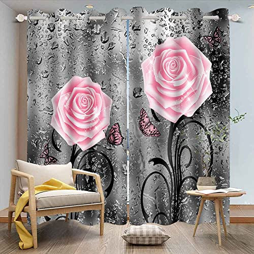 EOTDMS Pink Rose Print Curtains for Living Room Bedroom, 52x84 Inches Polyester, Floral Raindrops Gray Art Blackout Thermal Insulated Drapes, 2 Panels