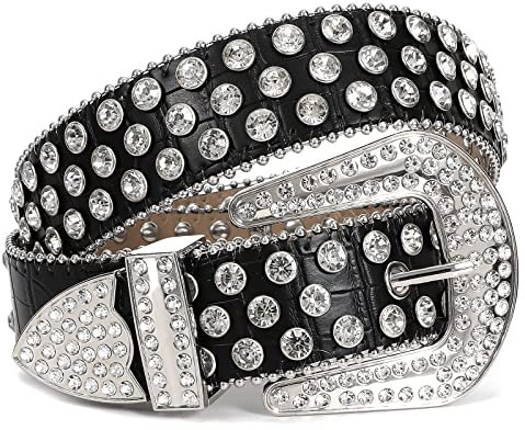 LEACOOLKEY Damen Männer Mode Strass Gürtel, Western Cowgirl Nieten Punk PU Ledergürtel für Jeans