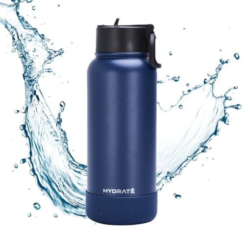 HYDRATE Stainless Steel Water Bottle - 1L - Dark Blue - Metal-Steel, Insulated with Straw - Flip Top Lid - Silicone Bumper, Safe, Durable, Reusable, Ideal for Outdoors -Thermal Water Bottle