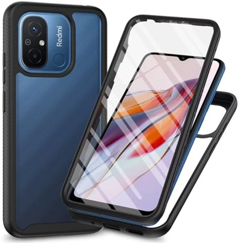 Bnvdfre für Xiaomi Redmi 12C Hülle mit eingebautem Displayschutz Stoßfest Schutzhülle 360 Grad vollschutz Rugged Schutzhülle TPU Case Handyhülle für Xiaomi Redmi 12C- Schwarz