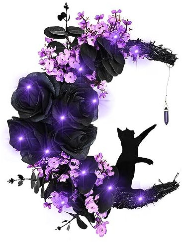 Halloween Wreath with Light, Moon Cat Wreath with Rose, Black Halloween Wreaths for Front Door Window Wall Decor, Cute Halloween Decorations Indoor Outdoor Gothic Wreath (Purple)