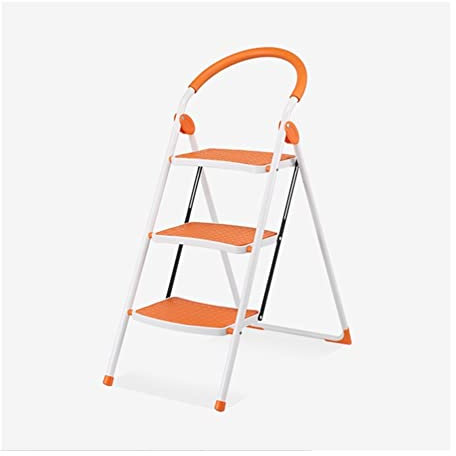 Leiter Trittleitern Metallleitern 3-Stufen-Leiter Klappbarer Tritthocker mit breitem Pedal und gebogenem Handlauf in U-Form für die Rückseite Praktische Trittleitern für zu Hause (Orange)