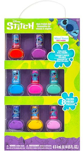 Disney Stitch Non-Toxic Peel-Off Water-Based Safe Quick Dry Nail Polish |Gift Kit Set for Kids Tweens Girls, Shimmer and Opaque Colors| Ages 3+ (8 Pcs)