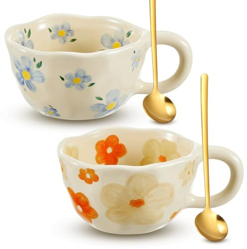 Vesici 2 tazas de café de cerámica creativas con asas de 8.5 onzas, bonita taza de porcelana de té estética para oficina, hogar, lavavajillas y microondas (flor azul, flor naranja amarilla)