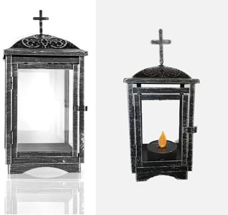 Grab-Laterne aus Metall und Glas Grablicht für Grabkerze. Friedhofs-Laterne Grablampe (Laterne mit Solarlicht)