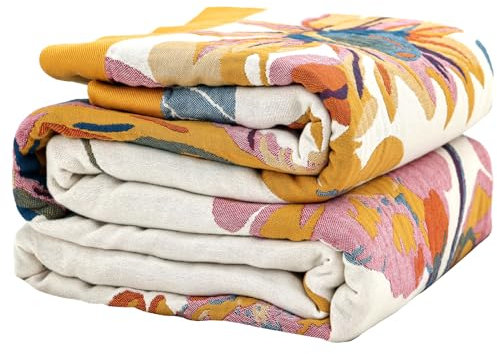 Wotcsil Boho Decke Kuscheldecke 200 x 230 cm Baumwolldecke Tagesdecke Boho Sofaüberwurf Blumenmuster Decke Blanket Sofadecke Boho Bettüberwurf Couchdecke Sesseldecke Kuscheldecke, Orange Blau