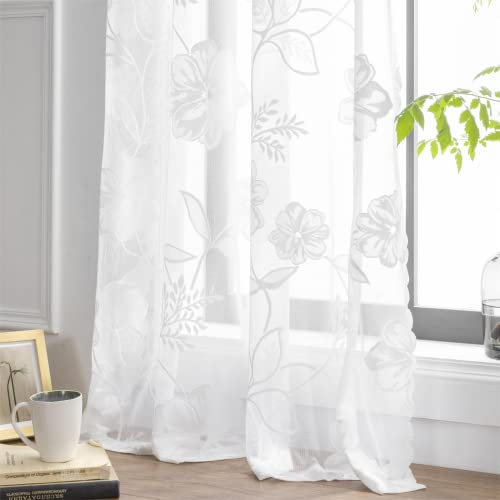 Treatmentex Spitze Vorhang Jacquard Gardinen mit Ösen Schwarze 3D Blumenmuster Halbtransparente Vorhänge Vintage Romantisch Dekoschal Ösenvorhänge für Wohnzimmer, Weiß, 2 Stücke, 140×245CM(B×H)