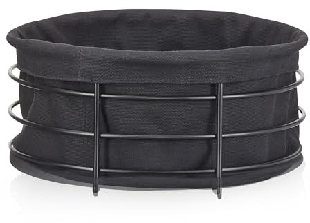 KHG Brotkorb aus Metall mit Stoffeinsatz in schwarz, rund 23,5 cm, Brötchenkorb aus Edelstahl, Stoffeinlade herausnehmbar & waschbar, moderner Frühstückskorb, als Obstkorb verwendbar