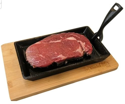 Cast Iron Skillet Steak Sizzler Serving Pan Plate Fajitas Dish + Wooden Board
