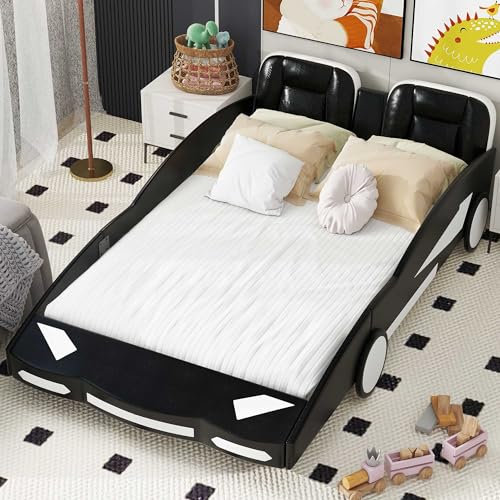 MYBOO Autobett 140 x 200 cm, Cooles Auto Kinderbett für kleine Rennfahrer, Einzelbett Polsterbett Kinder Spielbett Jugendbett Auto-Modellbetten mit Stauraum und Lattenrost, PU, ohne Matratze, Schwarz