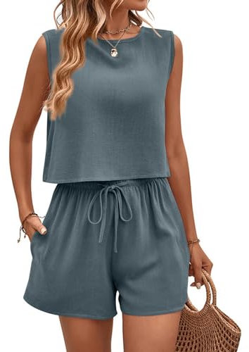Musselin Set Damen, 2 Teiler Damen Sommer Outfit Baumwolle Leinen Tank Top Und Shorts Kurz Teilig Loungewear Leinenanzug