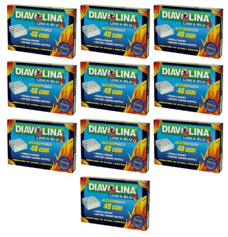 Diavolina Accendifuoco Cubi Inodori con Carbone Vegetale Multipack 10 Confezioni (480 Cubi Totali) | Accensione Rapida Camino BBQ Stufa