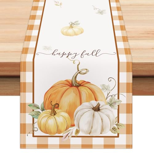 Bonhause Tischläufer Herbst Kürbis Tischläufer Kariert Erntedank Saisonnal Küche Esstisch Dekoration für Drinnen Draußen Urlaub Party Waschbar Wohnkultur Tafeltuch (33 x 183 cm)