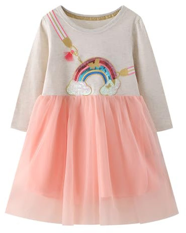 Dioshark Abito Ragazza Cotone Rosa Grigio Brillantinati Arcobaleno Ricamo T-Shirt Principessa Abiti Tulle Bambina Manica Lunga Paillettes Estivi Autunno Vestito da Cerimonia per Bambino 2-3 Anni