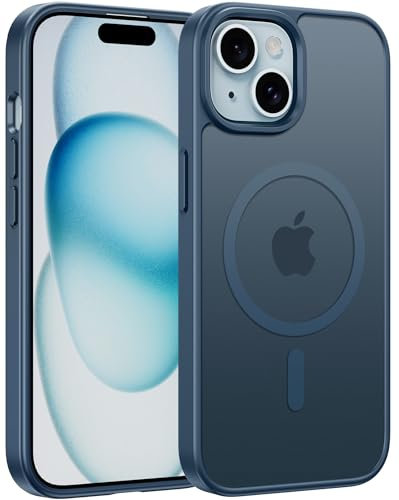 FNTCASE for iPhone 15 Phone Case: iPhone 14 Case Magnetic Translucent Matte Shockproof Slim Cell Phone Cover - Military Grade Drop Proof Hard Back Anti-Fingerprint Protective Case (6.1 inch/Blue)