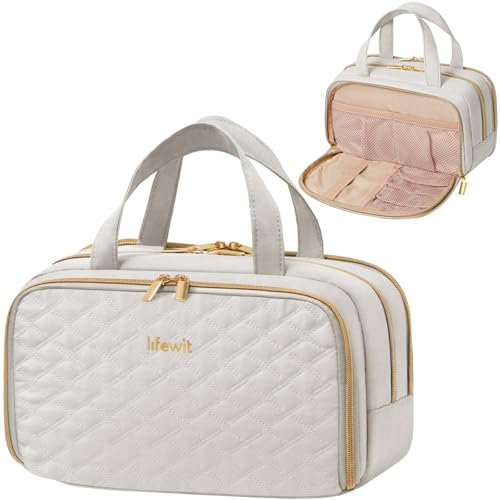 Lifewit Reise Kulturtasche Damen, 5L Wasserabweisende Kulturbeutel mit Nassfach, Tragbare Schminktasche Waschtasche Organizer für Make up, Zubehör, Shampoo, Oilettenartikel, Alltag, Hellgrau