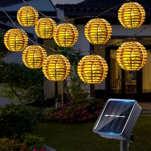 DAJASD 10 Stück Solar Lichterkette Aussen, 3.6m Solar Lampions Außen Wetterfest, 2 Modi Laternen Solarlampen, Papierseil Solar Lichterkette, Solar Rattankugel Lampion für Garten Balkon Hof Hochzeit