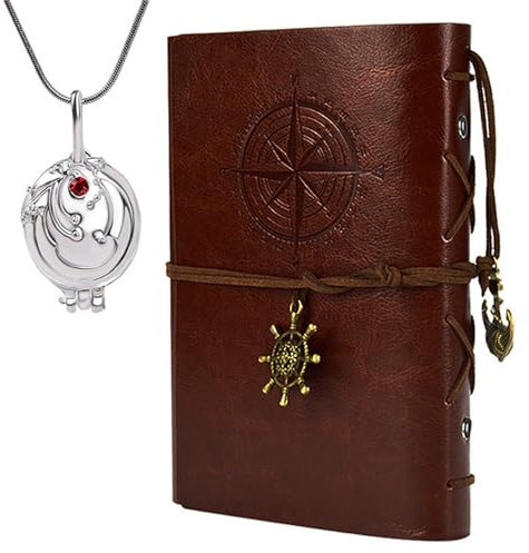 Zaky 2 Stück The Vampire Cosplay Kostümschmuck Zubehör Elena Tagebuch Eisenkraut Medaillon Anhänger Halskette Leder Schreiben Journal Notizbuch Retro Braun