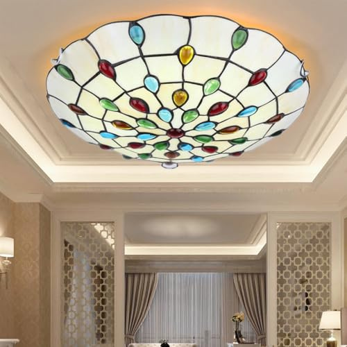 Mengjay Plafonnier de style Pastoral,E27 Vintage Ronde Plafonnier Cuisine avec Abat-Jour en Verre Coloré Encastré Lumiere Plafond,luminaires de plafond de décoration de couloir (C, 40CM)