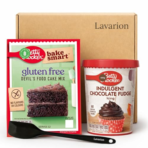 Gluten Free Cake Mix Baking Kit – Includes Betty Crocker Devil’s Food Cake Mix 425g & Chocolate Fudge Icing 400g with Lavarion Silicone Spatula – Coeliac Friendly Baking Set