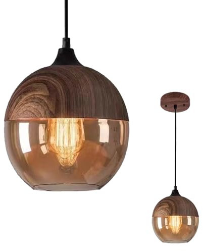 NHPJFDC Modern Pendant Light,Retro Industry Glass Pendant Light,Metal Wood Grain Finish Pendant Lighting,Kitchen Island Pendant Lighting, Amber Glass Shade Ceiling Light Fixture,Brown,20.2cm/7.9in