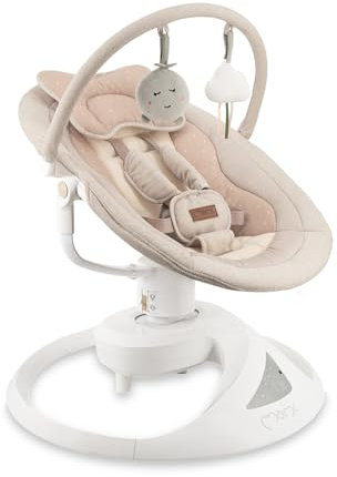MoMi Babywippe PEARL für Babys bis 9 kg, 360° drehbarer Sitz, LED-Panel, Bluetooth, Fernbedienung, Batterie- oder Netzbetrieb, Netzteil mit USB-Kabel, 5-Punkt-Sicherheitsgurt, Bügel und Spielzeug