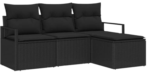 vidaXL 4-teiliges modulares Garten-Sofaset mit Kissen in Schwarz aus Poly Rattan. Perfekte Gartenmöbel für die Terrasse, mit verstellbaren Füßen, UV-beständig. Ideal für entspannte Stunden im Sommer.