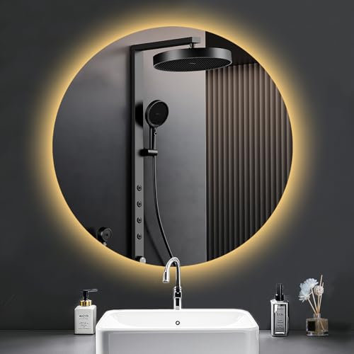 PESENXAN Runder Badezimmerspiegel mit Beleuchtung, LED Badspiegel mit Licht und Kaltweiß 6500K, Wandschalter, Explosionsgeschütztes Glas, IP44Wasserdicht, Rund Led Spiegel Bad 50cm