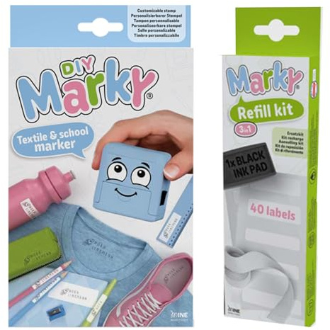 MARKY Stempel Set in Hellblau, mit schwarzer Tinte zum Beschriften verschiedener Gegenstände und Kleidung, inkl. 3in1 Nachfüllset mit Stempelkissen, 40 Etiketten und 1 m Thermoband