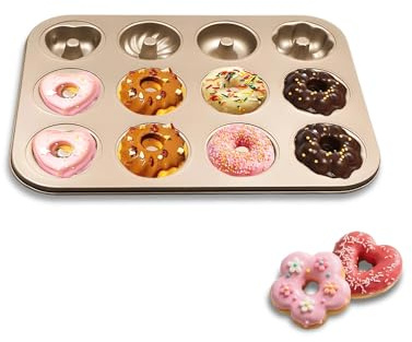 JSJMOFA Donuts Backform mit 12 Mulden, Donutform mit Antihaftbeschichtung, Hochwertige Donut Backform für Donut, Kuchen, Bagels, Dessert, 4 Formen (Rund/Blumig/Spiralförmig/Herzförmig)