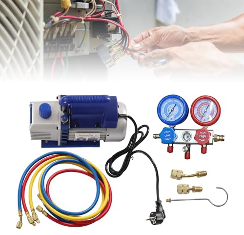 FUROMG VK125 Pompe à vide, distributeur, manomètre, kit de climatisation, pompe à vide 180 W avec jauge, remplissage de voiture, jauge manifold 5PA, vide ultime, manomètre 3 voies et tuyau, bleu